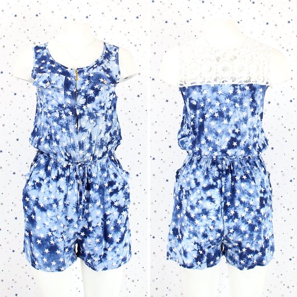 Pants - Star Print Tie Dye Romper Blue